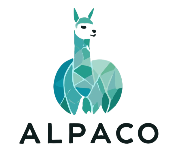 Logo ALPACO Solutions: un alpaca stilizzato a tasselli verde acqua